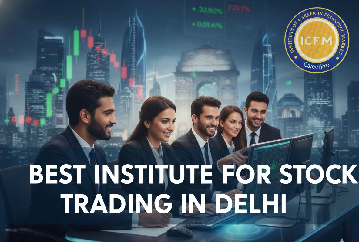 ICFM CareerPro stock market trading institute banner with professional traders and financial data charts.